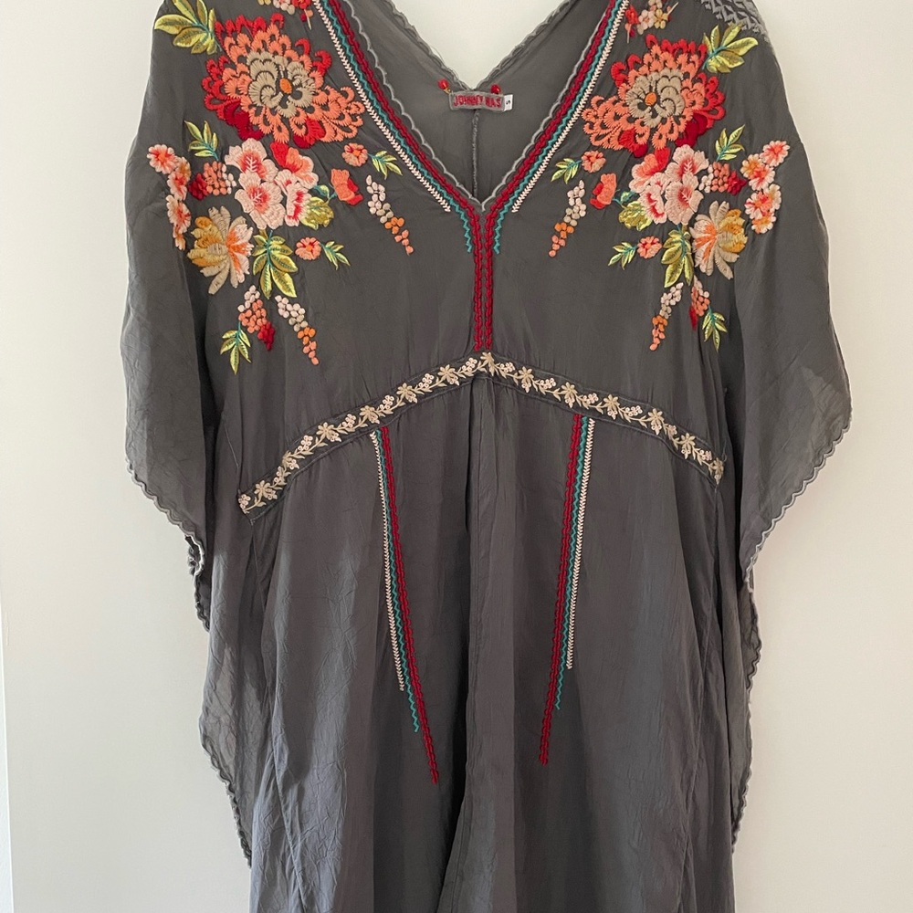 Johnny Was Gray Asymmetrical Embroidered Tunic